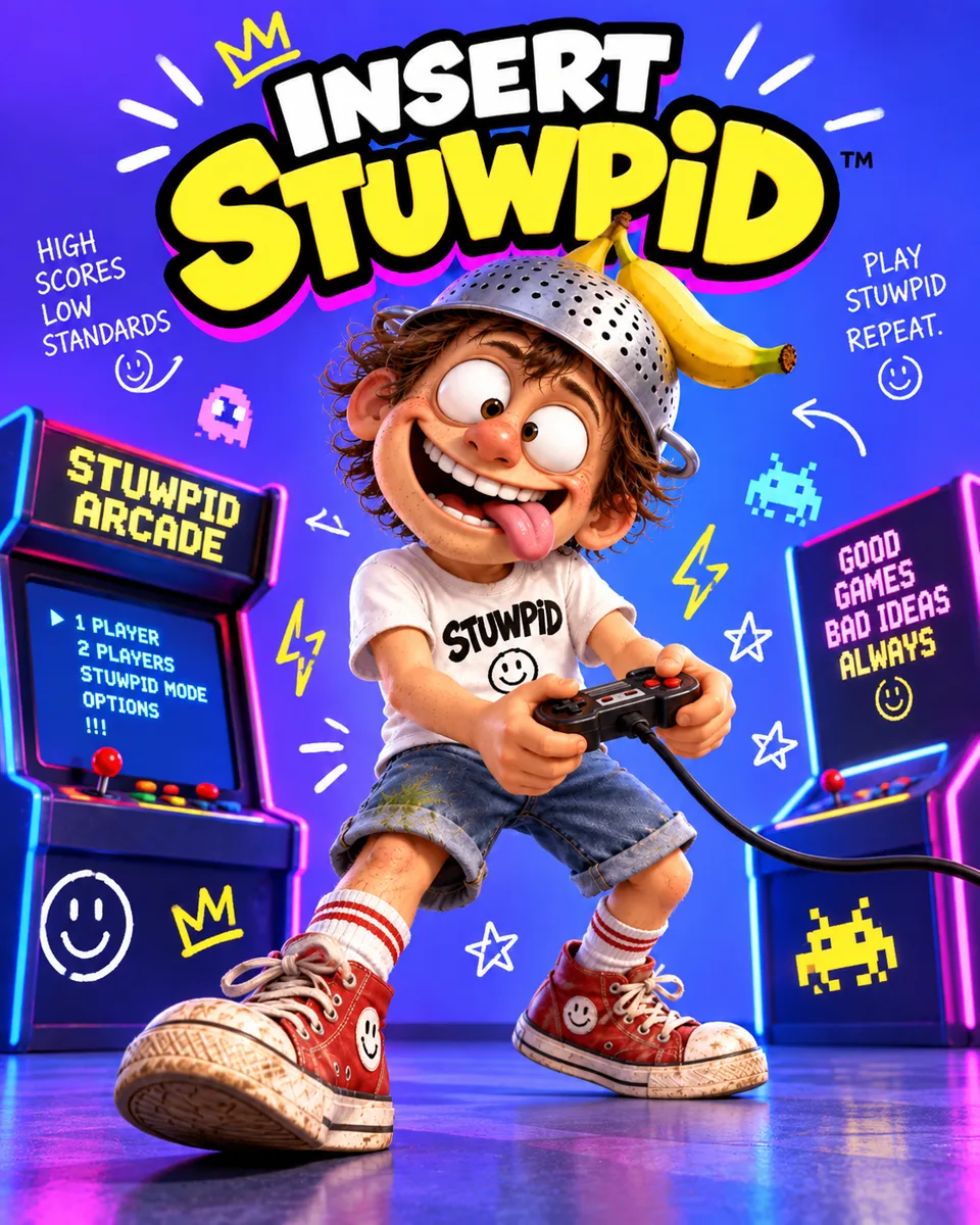 The mascot grips a controller between neon arcade cabinets. High scores, low standards.