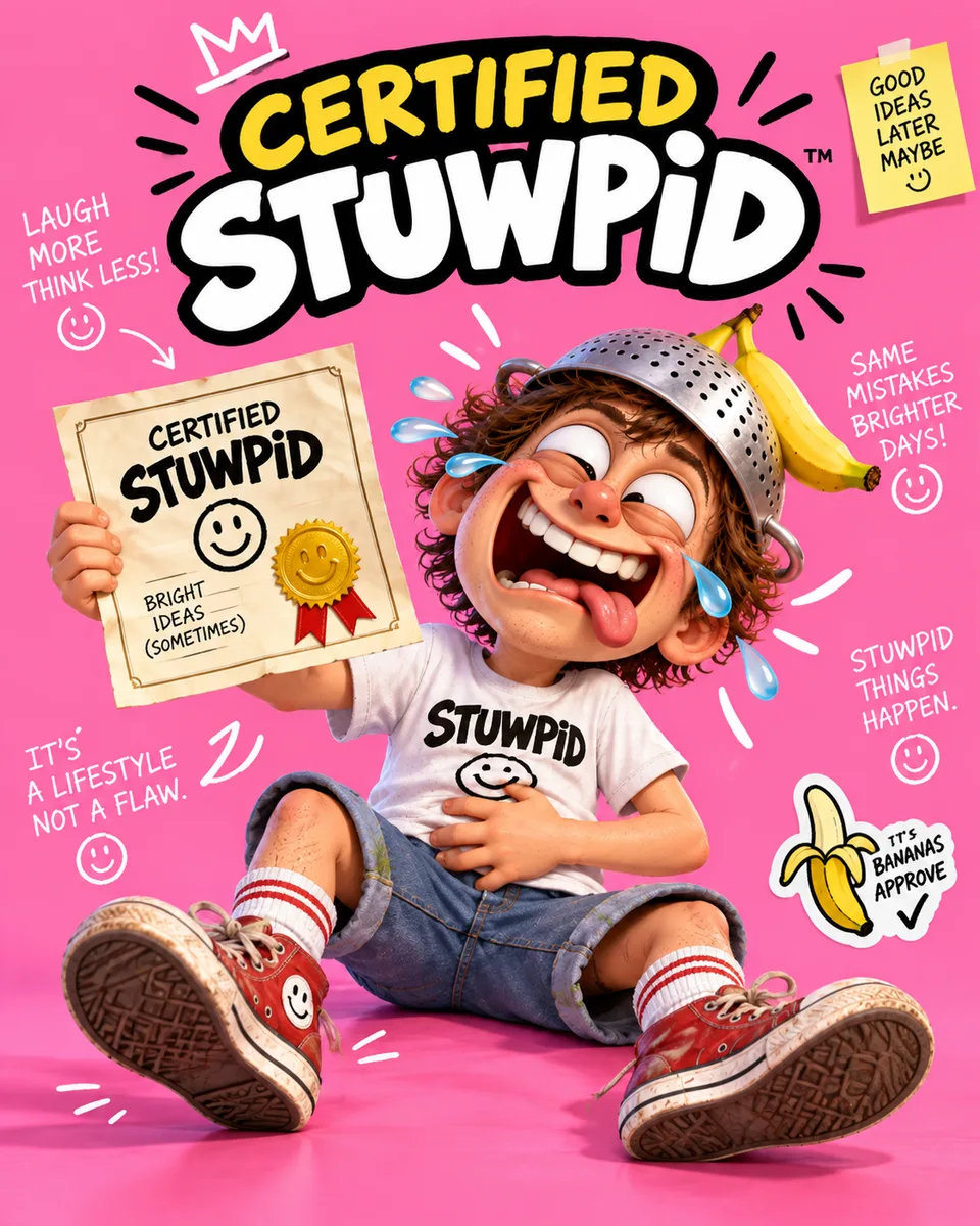 The laughing mascot proudly shows his Certified STUWPID certificate.