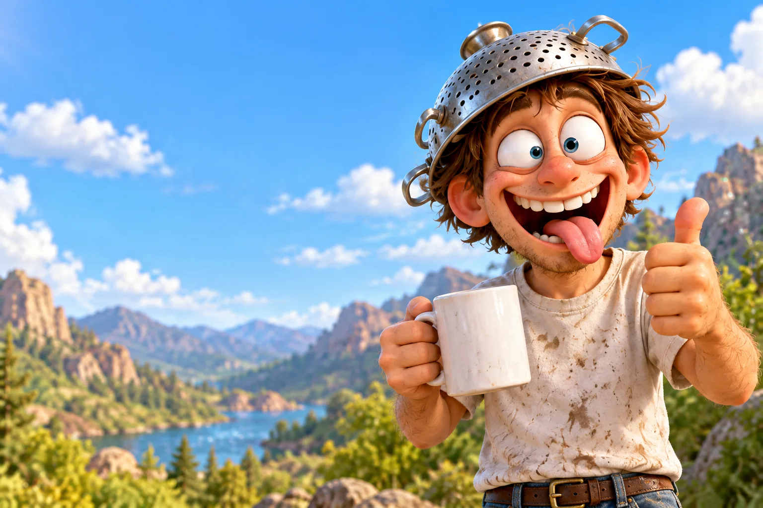 The STUWPID mascot proudly wears a colander helmet and gives a thumbs-up, holding a mug in a sunny, mountainous landscape.
