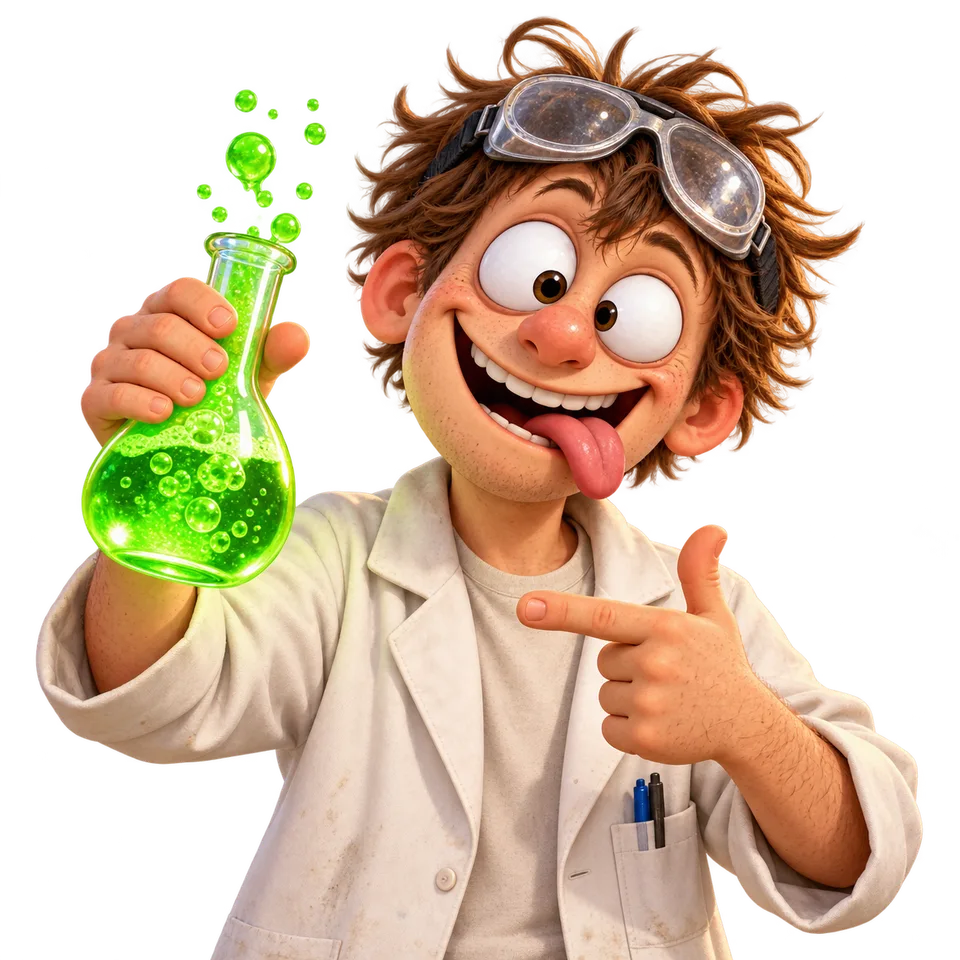 The STUWPID mascot in a lab coat shows off a bubbling green flask.