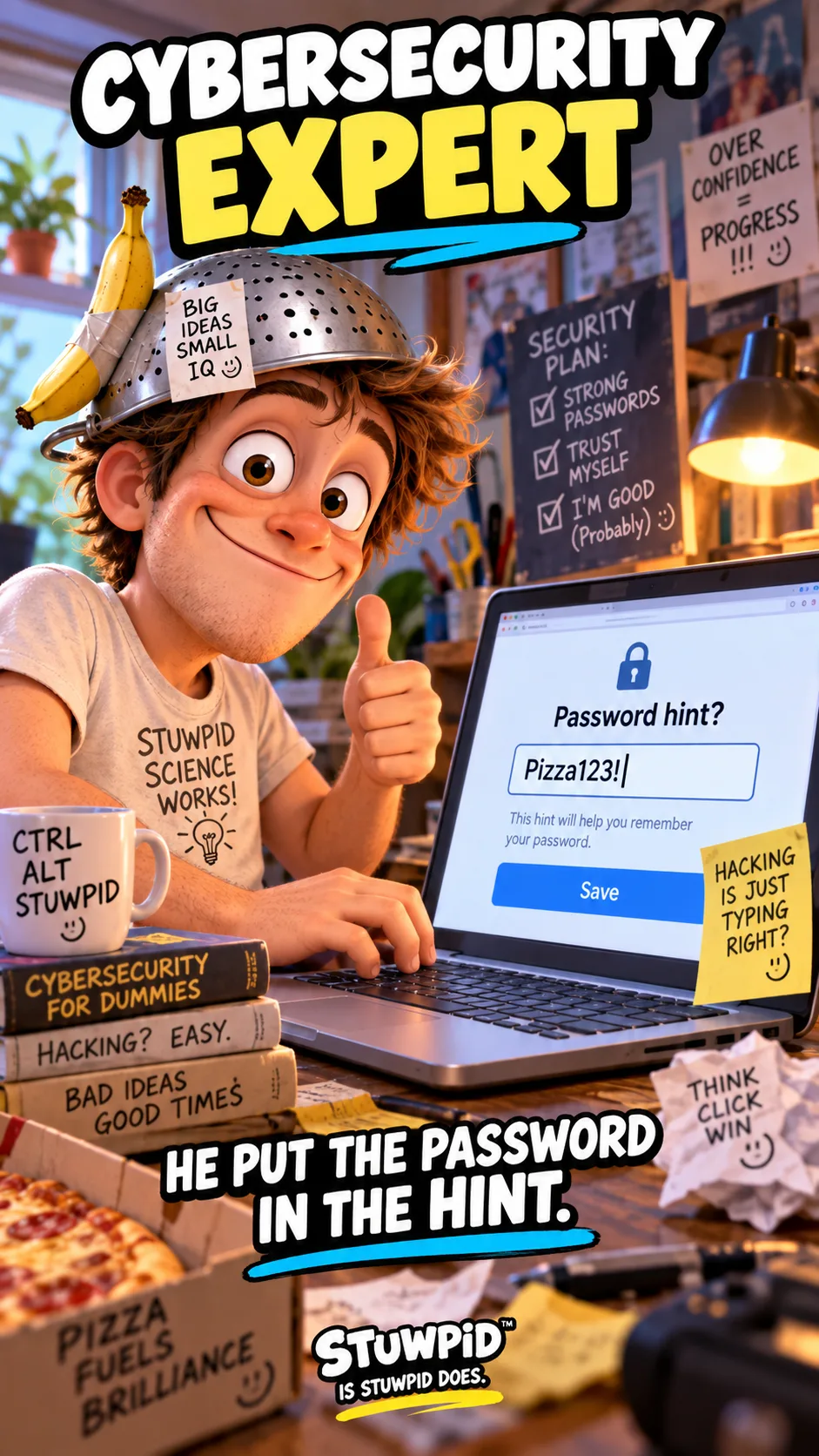 Cybersecurity expert: he put his password in the password hint and gives a proud thumbs-up.
