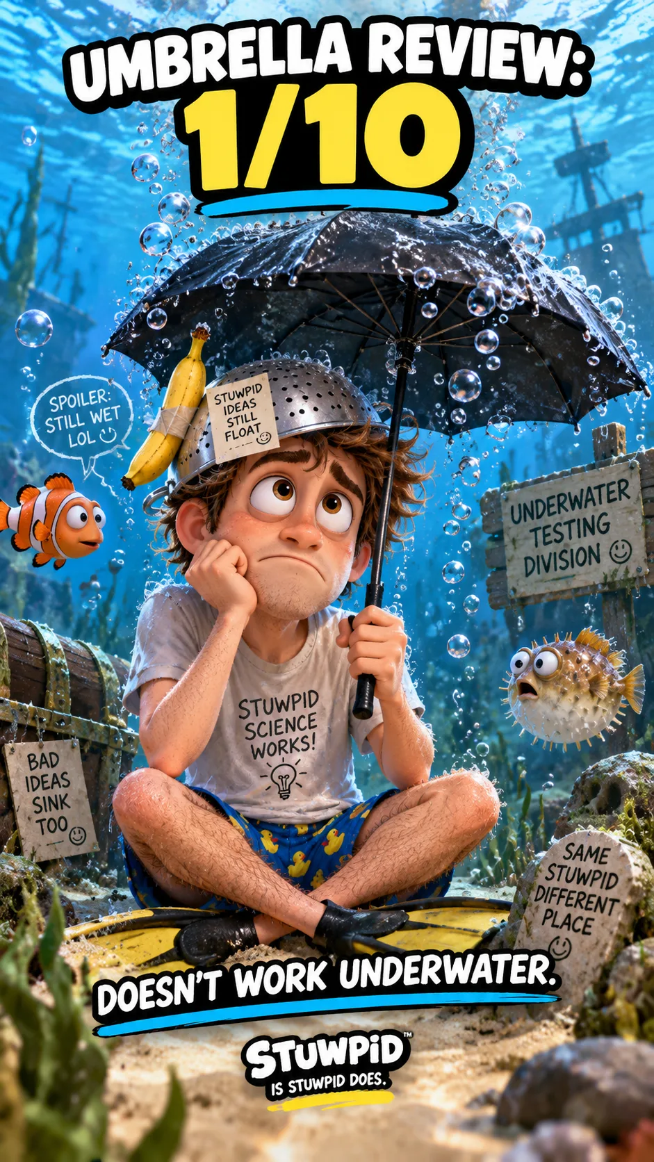 Umbrella review: 1 out of 10. The mascot sits underwater holding an umbrella. Doesn't work underwater.