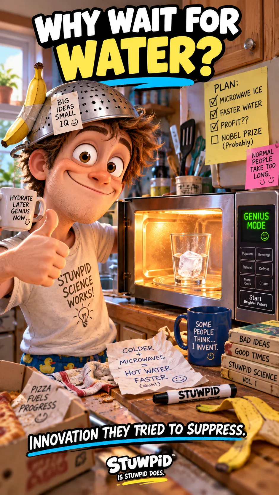 Why wait for water? The mascot microwaves ice, convinced he invented faster water.