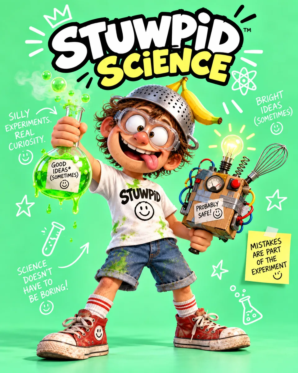 STUWPID Science: the mascot holds a green flask and a probably-safe invention.