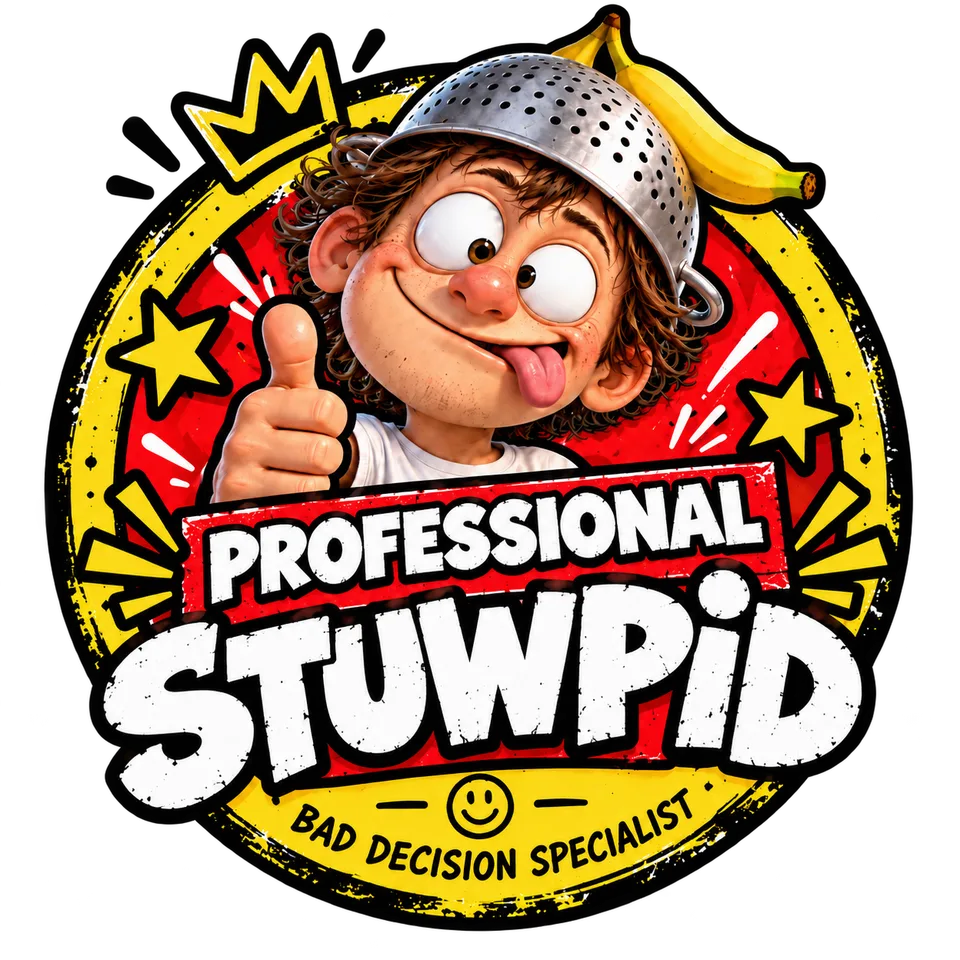Professional STUWPID: Bad Decision Specialist approval seal with the mascot giving a thumbs-up.