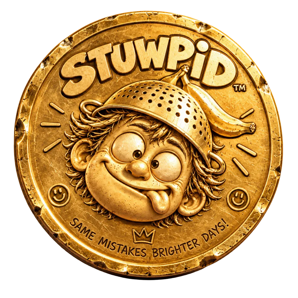 Gold STUWPID coin featuring the colander-and-banana mascot.